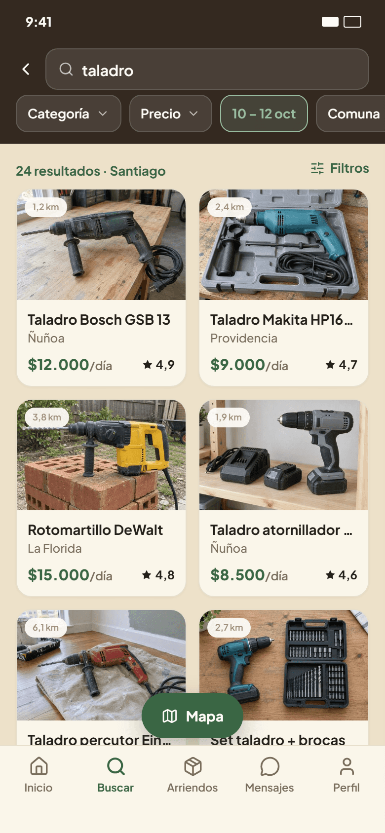 Resultados de búsqueda de taladro en Gearlet: filtros de categoría, precio, fechas y comuna, y cada resultado con su distancia en km y precio por día.