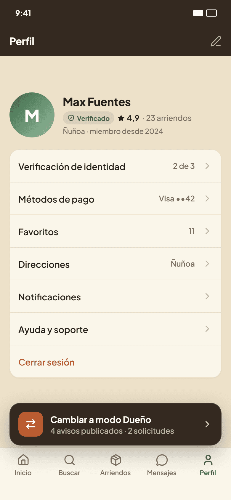 Perfil en Gearlet con la insignia Verificado, calificación 4,9, 23 arriendos y la verificación de identidad en 2 de 3 niveles.