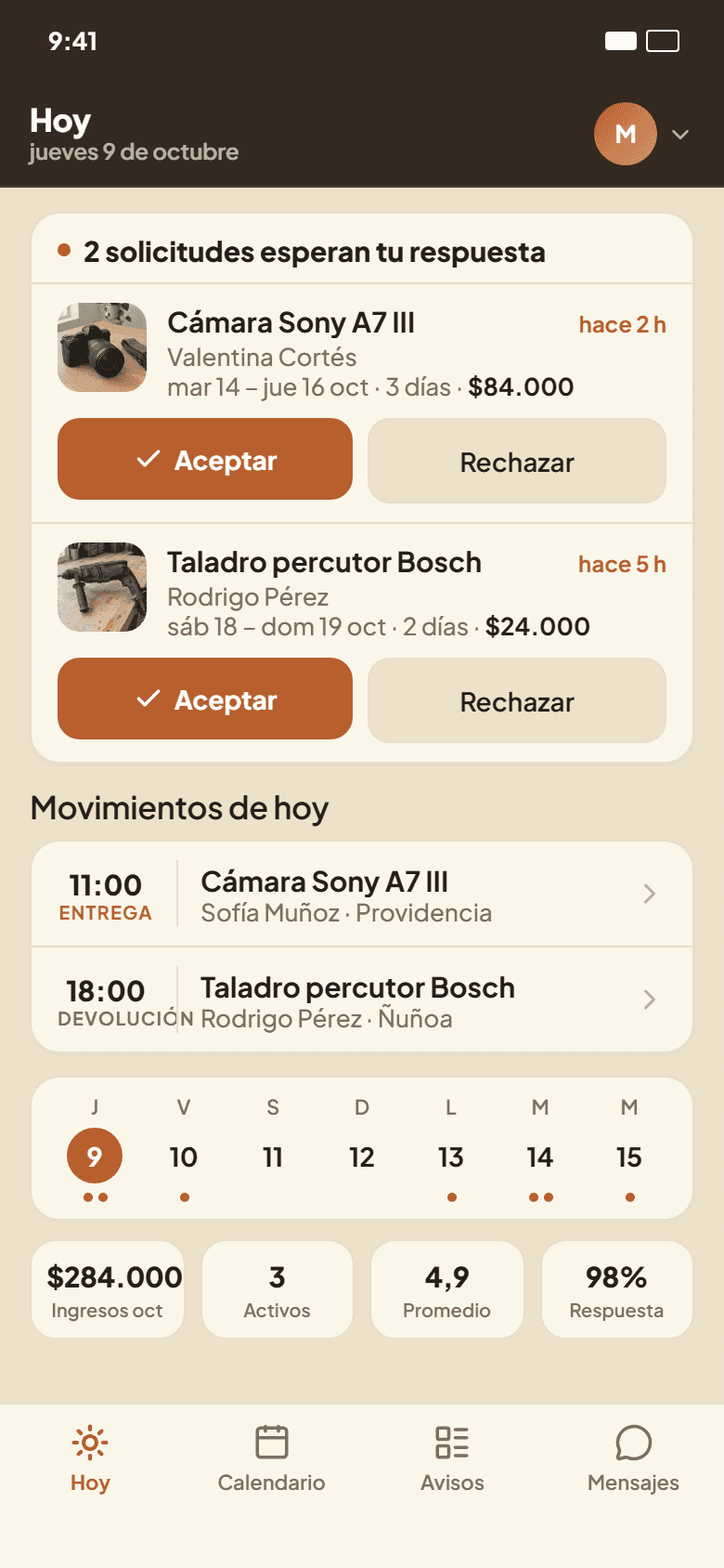 Pantalla Hoy del modo Dueño en Gearlet: dos solicitudes para aceptar o rechazar, entregas y devoluciones del día e ingresos del mes.