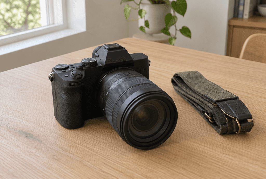 Cámara mirrorless con lente zoom sobre una mesa